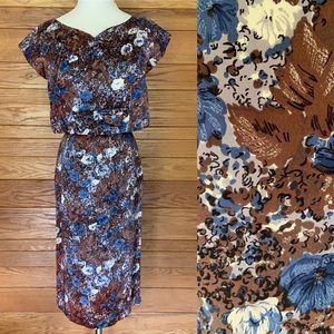 Vintage 60s brown and blue bow front wiggle dress